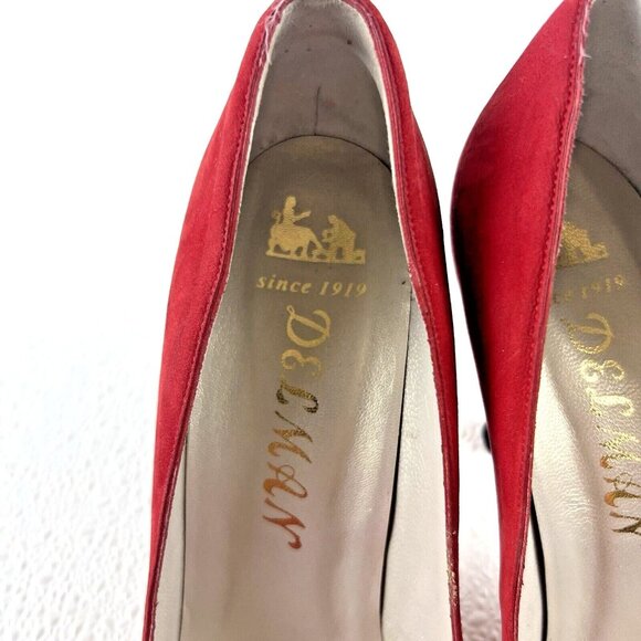 Women's 9N Red Peep Toe Mob Wife Career Chic Preppy Delman Suede Pumps Heels - Picture 9 of 13